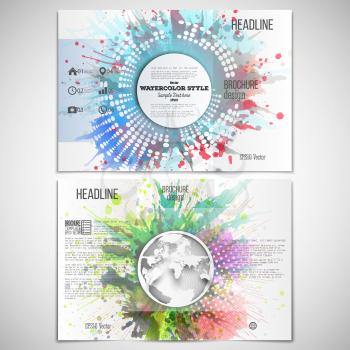 Vector set of tri-fold brochure design template on both sides with world globe element. Abstract circle white banners, watercolor stains and vintage style star burst, vector illustration.