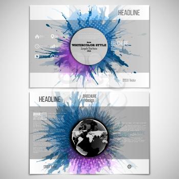 Vector set of tri-fold brochure design template on both sides with world globe element. Abstract circle banners, watercolor stains and vintage style star burst, vector illustration.