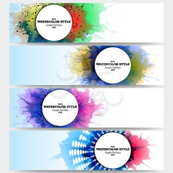 Web banners collection, abstract header layouts. Set of colorful headers with  watercolor stains and place for text, vector illustration templates.