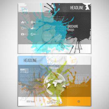Vector set of tri-fold brochure design template on both sides with world globe element. Abstract hand drawn spotted colorful  background, composition for your design, grunge style vector illustration.