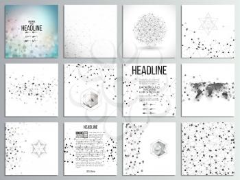 Set of 12 creative cards, square brochure template design. Molecular structure, gray backgrounds for communication, science abstract vector illustration.