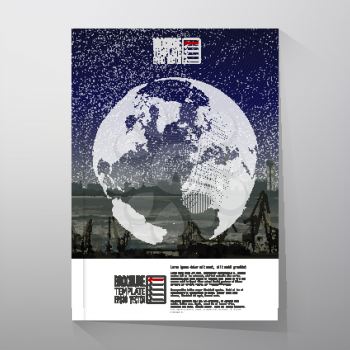Shipyard and city landscape, world globe night design vector. Brochure, flyer or report for business, templates vector.