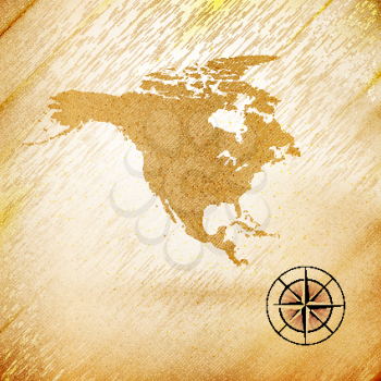 North america map, wooden design background, vector illustration.