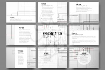 Set of 9 templates for presentation slides. Abstract vector backgrounds. Technical construction with connected lines and dots.