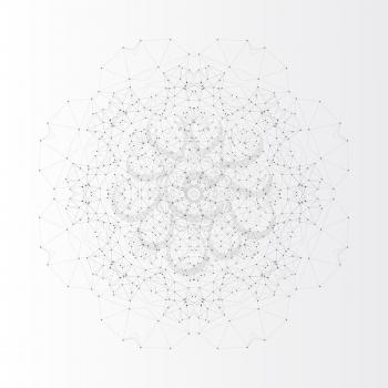  Round vector shape, molecular construction with connected lines and dots, scientific or digital design pattern isolated on gray.