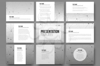Set of 9 vector templates for presentation slides. Gray vector background with molecule structure 