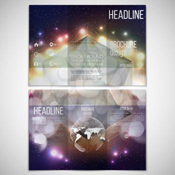 Vector set of tri-fold brochure design template on both sides with world globe element. Abstract multicolored background with bokeh lights and stars. Scientific or digital design, science vector 
