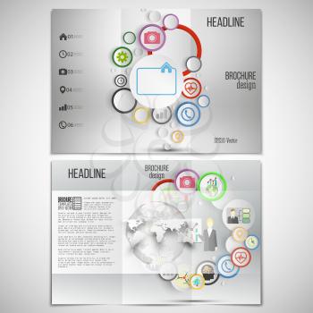 Vector set of tri-fold brochure design template on both sides. Gray backgrounds, infographics with colored circles for business vector templates.