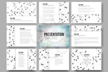 Set of 9 vector templates for presentation slides. Graphic design of molecule structure, blue scientific vector background.