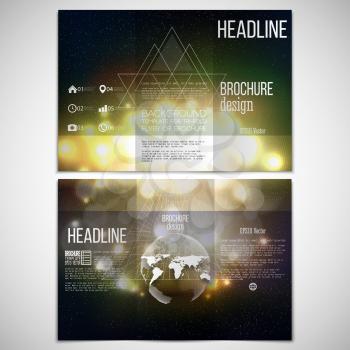 Vector set of tri-fold brochure design template on both sides with world globe element. Abstract background with bokeh lights and stars. Vector 3D pyramid. Scientific digital design, science vector 
