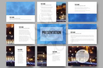 Set of 9 templates for presentation slides. Night lights in the city. Collection of abstract multicolored backgrounds. Natural geometrical patterns. Triangular and hexagonal style vector illustration.