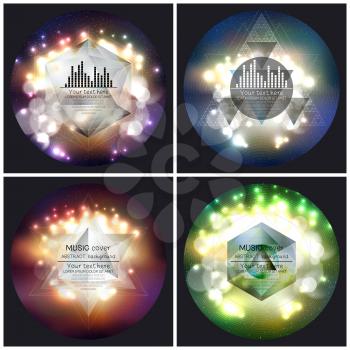 Set of 4 music album cover templates. Abstract multicolored backgrounds with bokeh lights and stars, vector illustration.
