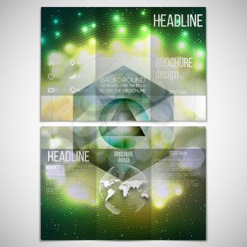 Vector set of tri-fold brochure design template on both sides with world globe element. Abstract multicolored background with bokeh lights and stars. Scientific or digital design, science vector 
