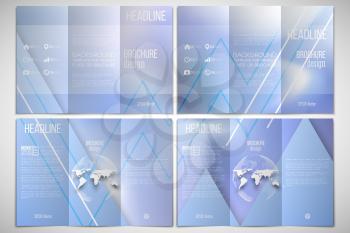 Vector set of tri-fold brochure design template on both sides with world globe element. Winter design, abstract blue background. 