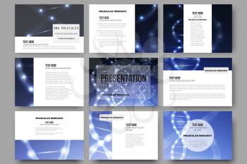 Set of 9 vector templates for presentation slides. DNA molecule structure on dark blue background. Science vector background.