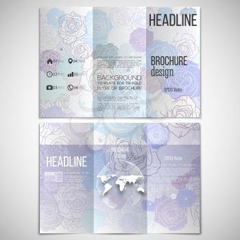 Vector set of tri-fold brochure design template on both sides with world globe element. Hand drawn floral doodle pattern, abstract vector background.