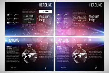 Vector set of tri-fold brochure design template on both sides with world globe element. Flashes against dark background.