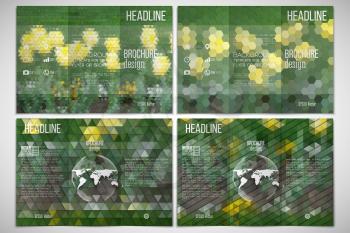 Vector set of tri-fold brochure design template on both sides. Yellow flowers on the grass. Abstract multicolored backgrounds. Natural geometrical patterns. Triangular and hexagonal style