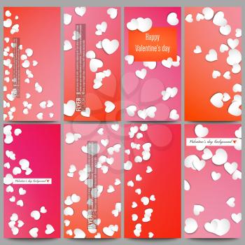 Set of modern vector flyers.  White paper hearts, red vector background for Valentines day