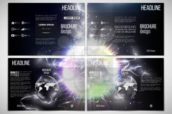 Vector set of tri-fold brochure design template on both sides with world globe element. Electric lighting effect. Magic vector background with lightning. 