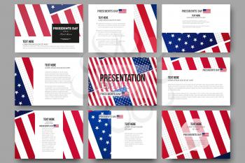 Set of 9 vector templates for presentation slides. Presidents day background, abstract poster with american flag, vector illustration