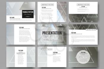 Set of 9 vector templates for presentation slides. Abstract blurred vector background with triangles, lines and dots.
