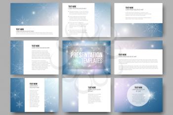 Set of 9 vector templates for presentation slides. Blue abstract winter background. Christmas vector style with snowflakes. 