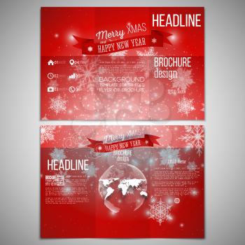 Vector set of tri-fold brochure design template on both sides with world globe element. Merry Christmas and happy New Year vector background.