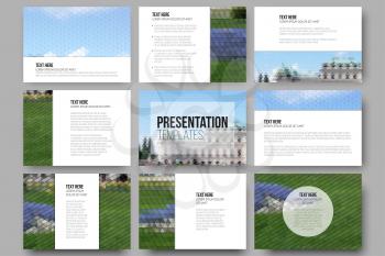 Set of 9 templates for presentation slides. Park landscape. Abstract multicolored backgrounds. Natural geometrical patterns. Triangular and hexagonal style.