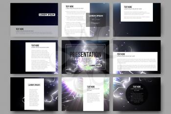 Set of 9 vector templates for presentation slides. Electric lighting effect. Magic vector background with lightning. 