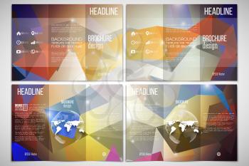 Vector set of tri-fold brochure design template on both sides with world globe element. Abstract multicolored background, digital style vector illustration.