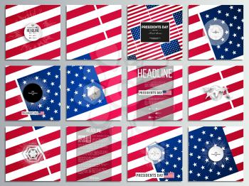 Set of 12 creative cards, square brochure template design. Presidents day background with american flag, abstract vector illustration