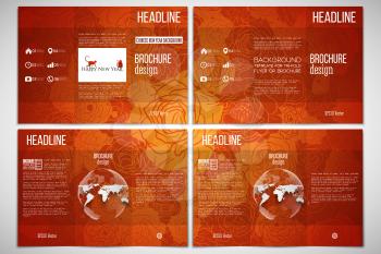 Vector set of tri-fold brochure design template on both sides with world globe element. Chinese new year background. Floral design with red monkeys, vector illustration
