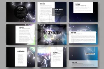 Set of 9 vector templates for presentation slides. Electric lighting effect. Magic vector background with lightning. 