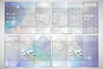 Vector set of tri-fold brochure design template on both sides with world globe element. Blue abstract winter background. Christmas vector style with snowflakes.