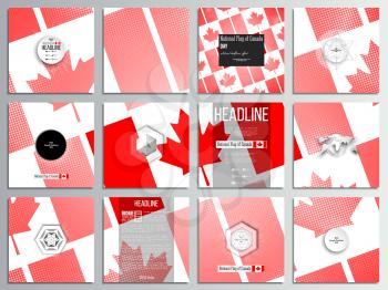 Set of 12 creative cards, square brochure template design. National Flag of Canada Day. Abstract dotted vector background.