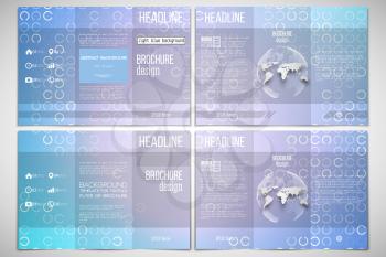 Vector set of tri-fold brochure design template on both sides with world globe element. Abstract white circles on light blue background, vector illustration.