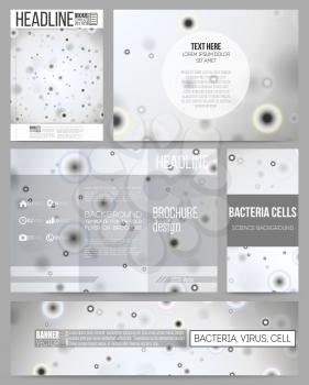 Set of business templates for presentation, brochure, flyer or booklet. Molecular research, illustration of cells in gray, science vector background.