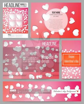Set of business templates for presentation, brochure, flyer or booklet. White paper hearts, red vector background, Valentines day decoration.