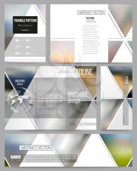 Set of business templates for presentation, brochure, flyer or booklet. Abstract multicolored background of blurred nature landscapes, geometric vector, triangular style illustration.