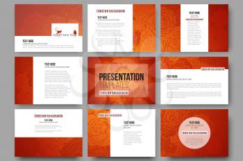 Set of 9 vector templates for presentation slides. Chinese new year background. Floral design with red monkeys, vector illustration