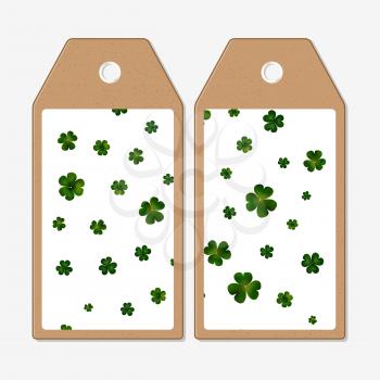 Vector tags design on both sides, cardboard sale labels. St Patricks day vector background, green clovers on white