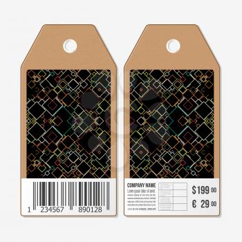 Vector tags design on both sides, cardboard sale labels with barcode. Material Design. Colored vector background.