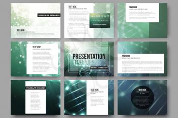 Set of 9 vector templates for presentation slides. DNA molecule structure on a green background. Science vector background.