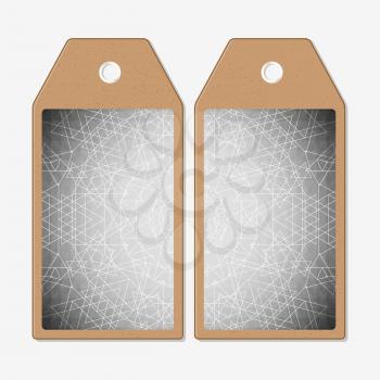 Tags design on both sides, cardboard sale labels. Sacred geometry, triangle design gray background. Abstract vector illustration.