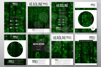 Set of business templates for brochure, flyer or booklet. Virtual reality, abstract technology background with green symbols, vector illustration.