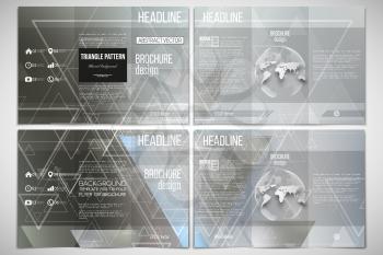 Vector set of tri-fold brochure design template on both sides with world globe element. Abstract blurred vector background with triangles, lines and dots.