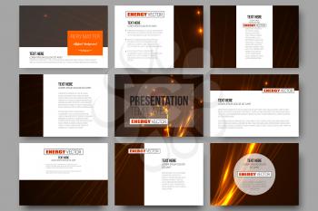 Set of 9 vector templates for presentation slides. Abstract lines background, dynamic glowing decoration, motion design, energy style vector illustration