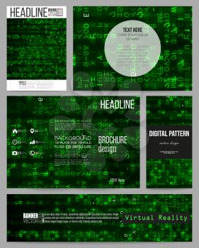 Set of business templates for presentation, brochure, flyer or booklet. Virtual reality, abstract technology background with green symbols, vector illustration.