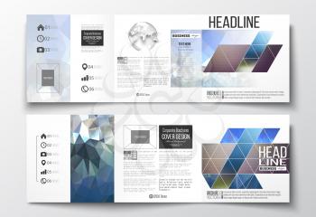 Vector set of tri-fold brochures, square design templates with element of world globe. Abstract colorful polygonal background with blurred image on it, modern stylish triangle vector texture. 